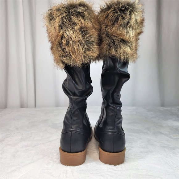 Furry Black Matte Faux Fur Fold Over Cuff Winter Mid Calf Boots - Picture 6 of 8